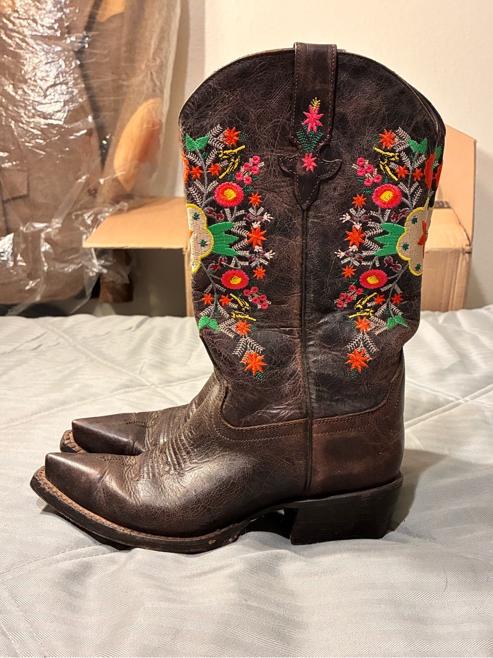 Macie Bean Brown Leather Kids Embroidered Western Boots